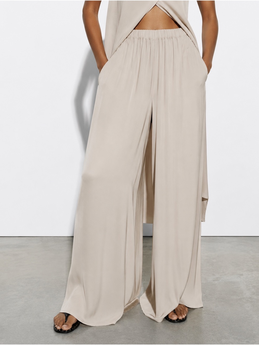 Zara Wide Leg Split Front Overlay Full Length Palazzo Pants Neutral Taupe Chic
